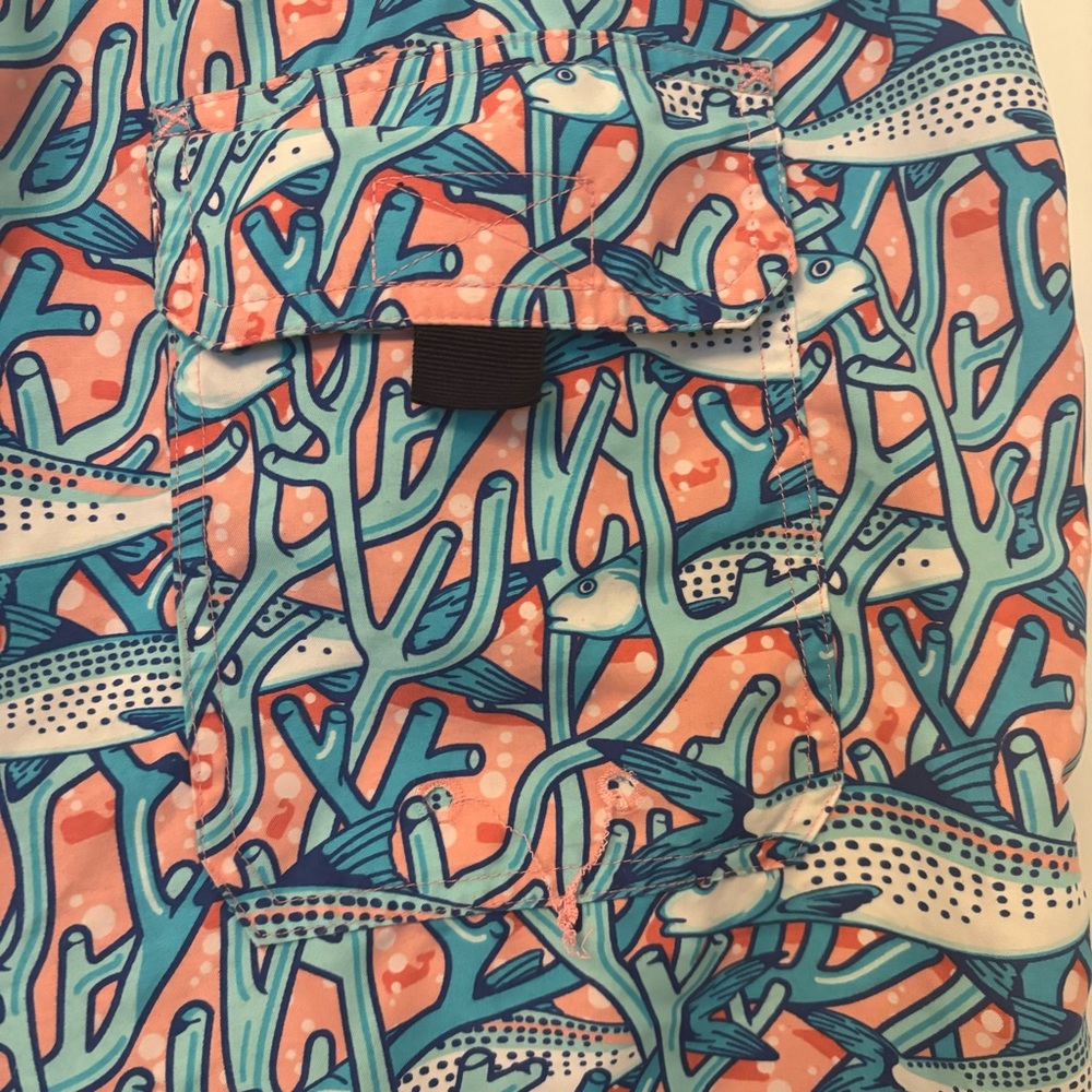Vineyard Vines Blue and Coral Fiah Swim Trunks